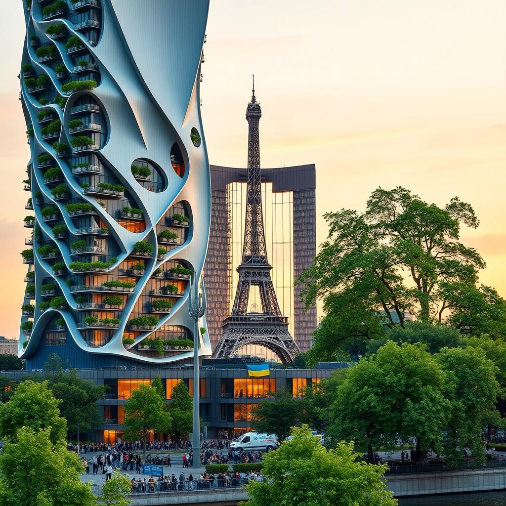 A fully visible bionically shaped skyscraper with smooth lines and zigzags, showcasing its complete height including the top, located in Paris