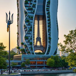 A fully visible bionically shaped skyscraper with smooth lines and zigzags, showcasing its complete height including the top, located in Paris