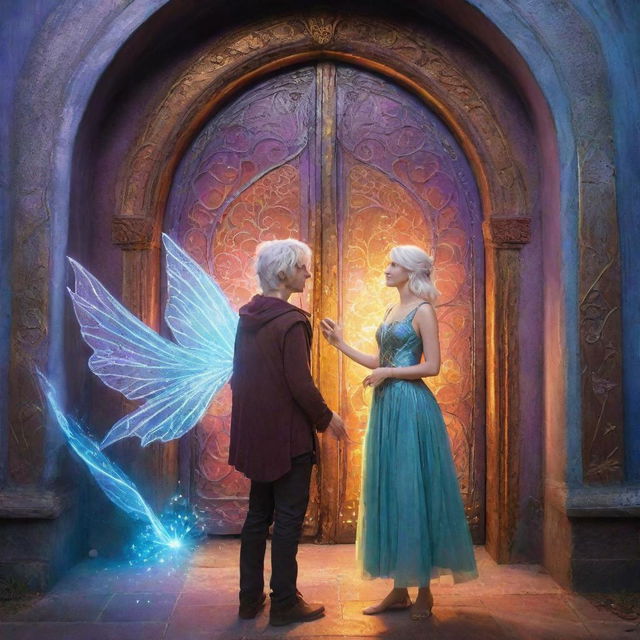 Ethan, a young man, meets Elara, a radiant fairy with silver hair. They stand in front of a vibrant, magic door radiating with captivating aura and mystical symbols.