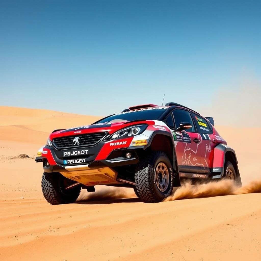 Peugeot 2008 rally raid car racing through a desert landscape, with dust trailing behind, equipped with specialized off-road tires, a powerful engine, and reinforced body frame