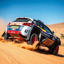 Peugeot 2008 rally raid car racing through a desert landscape, with dust trailing behind, equipped with specialized off-road tires, a powerful engine, and reinforced body frame