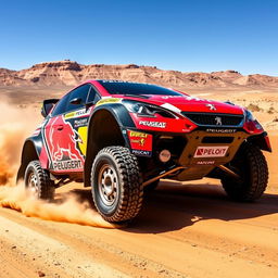 Peugeot 2008 rally raid car racing through a desert landscape, with dust trailing behind, equipped with specialized off-road tires, a powerful engine, and reinforced body frame