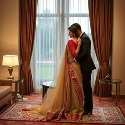 A romantic encounter in a refined hotel room setting, featuring a model elegantly dressed in a muga, cream, and red colored chadar paired with a red mekhela blouse and high heels