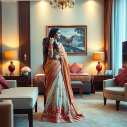 A romantic encounter in a refined hotel room setting, featuring a model elegantly dressed in a muga, cream, and red colored chadar paired with a red mekhela blouse and high heels