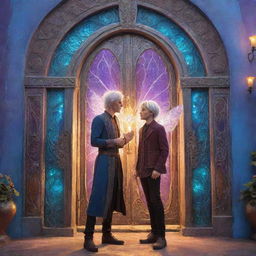 Ethan, a young man, meets Elara, a radiant fairy with silver hair. They stand in front of a vibrant, magic door radiating with captivating aura and mystical symbols.