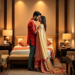 A romantic encounter in a refined hotel room setting, featuring a model elegantly dressed in a muga, cream, and red colored chadar paired with a red mekhela blouse and high heels