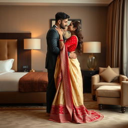 A romantic encounter in a refined hotel room setting, featuring a model elegantly dressed in a muga, cream, and red colored chadar paired with a red mekhela blouse and high heels