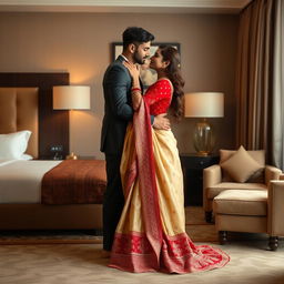 A romantic encounter in a refined hotel room setting, featuring a model elegantly dressed in a muga, cream, and red colored chadar paired with a red mekhela blouse and high heels