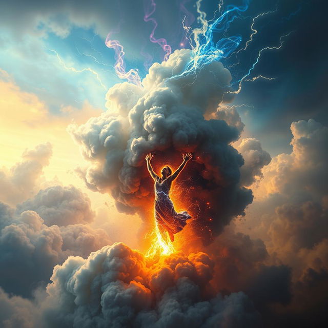 A person breaking free from a cloud of energy, symbolizing the liberation from negativity