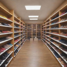 A vibrant scene of a shoe store, featuring shoes of various styles and colors neatly displayed on shelves, with customers browsing the selections.