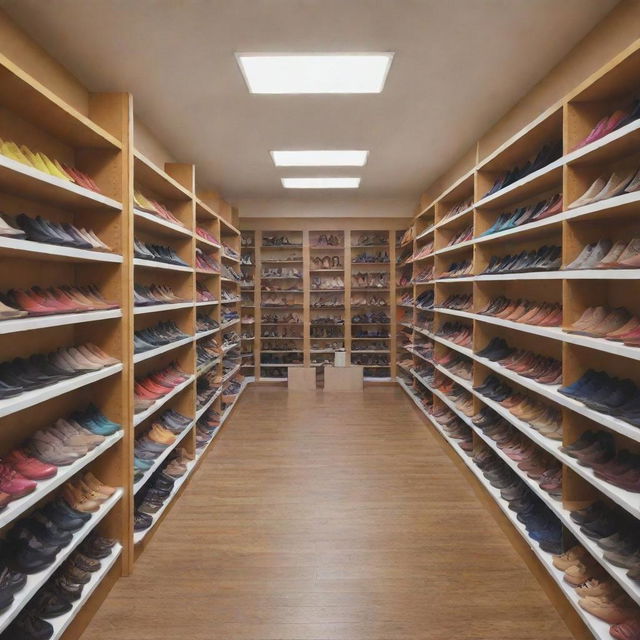 A vibrant scene of a shoe store, featuring shoes of various styles and colors neatly displayed on shelves, with customers browsing the selections.