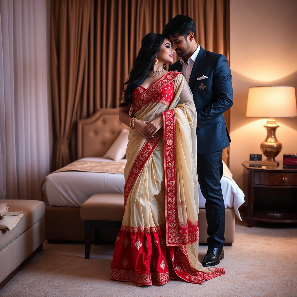 A romantic and intimate scene featuring a glamorous model in elegant traditional attire, including a muga, cream, and red colored chadar with a red mekhela blouse and high heels