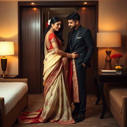 A romantic and intimate scene featuring a glamorous model in elegant traditional attire, including a muga, cream, and red colored chadar with a red mekhela blouse and high heels