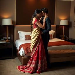 A romantic and intimate scene featuring a glamorous model in elegant traditional attire, including a muga, cream, and red colored chadar with a red mekhela blouse and high heels