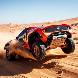 Ferrari rally raid car racing through a challenging desert landscape, with dust trailing behind