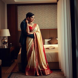 A romantic and intimate scene featuring a glamorous model in elegant traditional attire, including a muga, cream, and red colored chadar with a red mekhela blouse and high heels