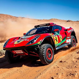 Ferrari rally raid car racing through a challenging desert landscape, with dust trailing behind