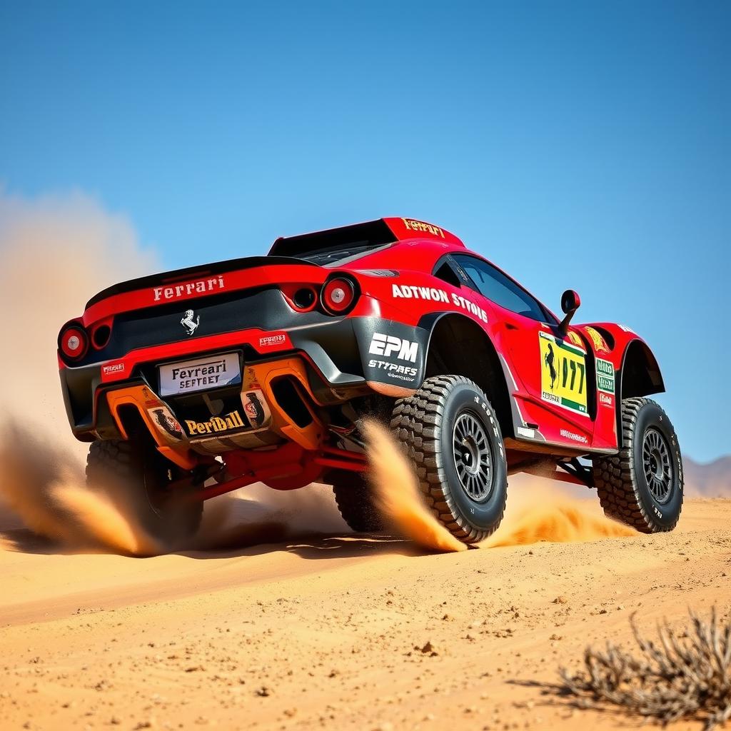 Ferrari rally raid car racing through a challenging desert landscape, with dust trailing behind