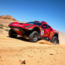 Ferrari rally raid car racing through a challenging desert landscape, with dust trailing behind