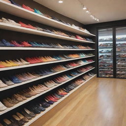 A vibrant scene of a shoe store, featuring shoes of various styles and colors neatly displayed on shelves, with customers browsing the selections.