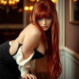 A seductive redhead woman bending over a table, her long, fiery hair cascading down her shoulders