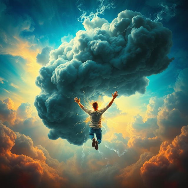 A person breaking free from a cloud of energy, symbolizing the liberation from negativity