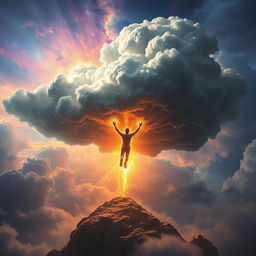 A person breaking free from a cloud of energy, symbolizing the liberation from negativity