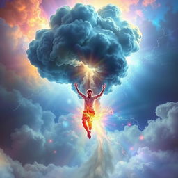 A person breaking free from a cloud of energy, symbolizing the liberation from negativity