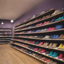 A vibrant scene of a shoe store, featuring shoes of various styles and colors neatly displayed on shelves, with customers browsing the selections.