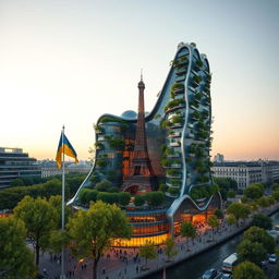 A fully visible, bionically shaped skyscraper in the form of the map of Ukraine, with smooth, flowing lines and zigzags, prominently displaying its full height including the top, located in Paris