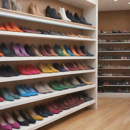 A vibrant scene of a shoe store, featuring shoes of various styles and colors neatly displayed on shelves, with customers browsing the selections.