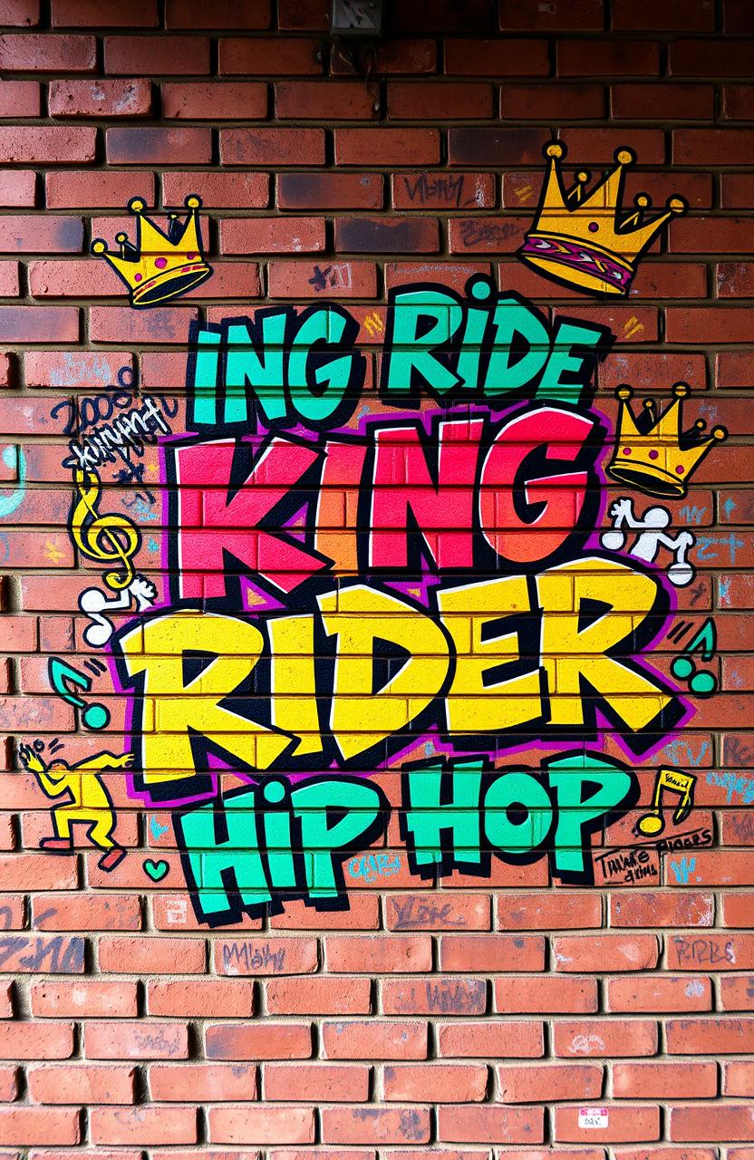 A vibrant hip hop typography image featuring a stylized brick wall covered in colorful hip hop graffiti