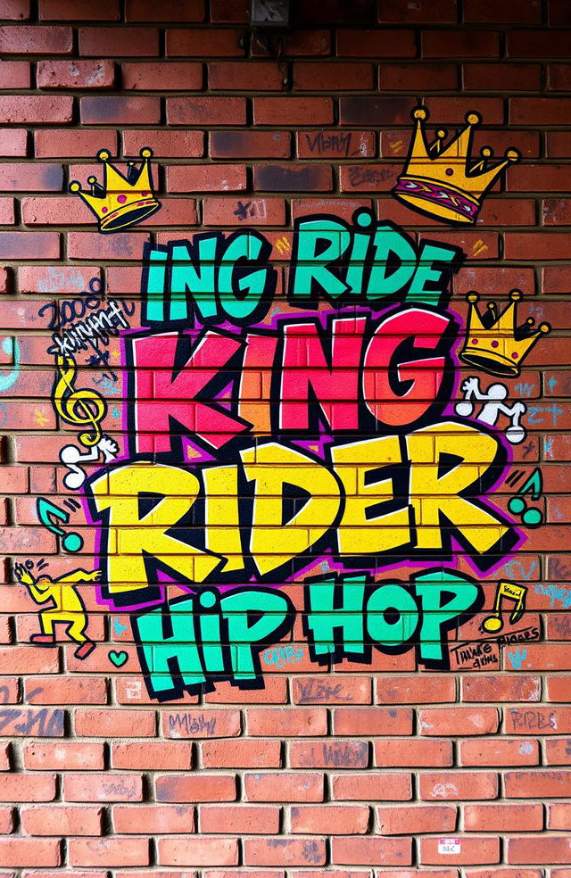 A vibrant hip hop typography image featuring a stylized brick wall covered in colorful hip hop graffiti