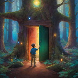 A scene in the middle of a vibrant forest where a boy named Ethan discovers a glowing magic door radiating with colorful lights.