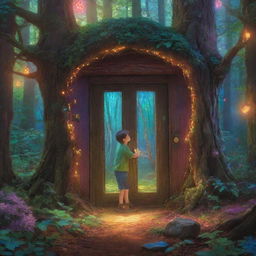 A scene in the middle of a vibrant forest where a boy named Ethan discovers a glowing magic door radiating with colorful lights.