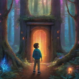 A scene in the middle of a vibrant forest where a boy named Ethan discovers a glowing magic door radiating with colorful lights.