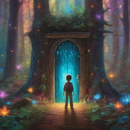 A scene in the middle of a vibrant forest where a boy named Ethan discovers a glowing magic door radiating with colorful lights.