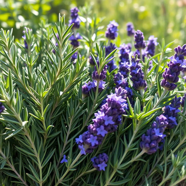 An arrangement of fresh rosemary and lavender herbs, artistically displayed in a natural setting