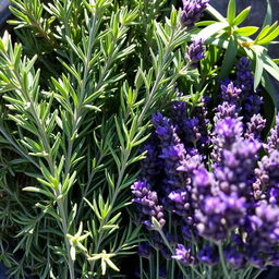 An arrangement of fresh rosemary and lavender herbs, artistically displayed in a natural setting