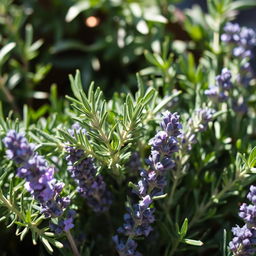 An arrangement of fresh rosemary and lavender herbs, artistically displayed in a natural setting