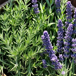 An arrangement of fresh rosemary and lavender herbs, artistically displayed in a natural setting