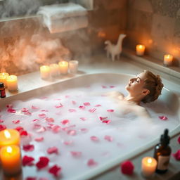 A serene relaxation scene depicting a person fully immersed in a tranquil, steaming bath surrounded by calming elements such as soft candlelight and aromatic essential oils