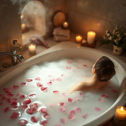 A serene relaxation scene depicting a person fully immersed in a tranquil, steaming bath surrounded by calming elements such as soft candlelight and aromatic essential oils