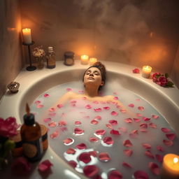 A serene relaxation scene depicting a person fully immersed in a tranquil, steaming bath surrounded by calming elements such as soft candlelight and aromatic essential oils