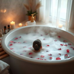 A serene relaxation scene depicting a person fully immersed in a tranquil, steaming bath surrounded by calming elements such as soft candlelight and aromatic essential oils