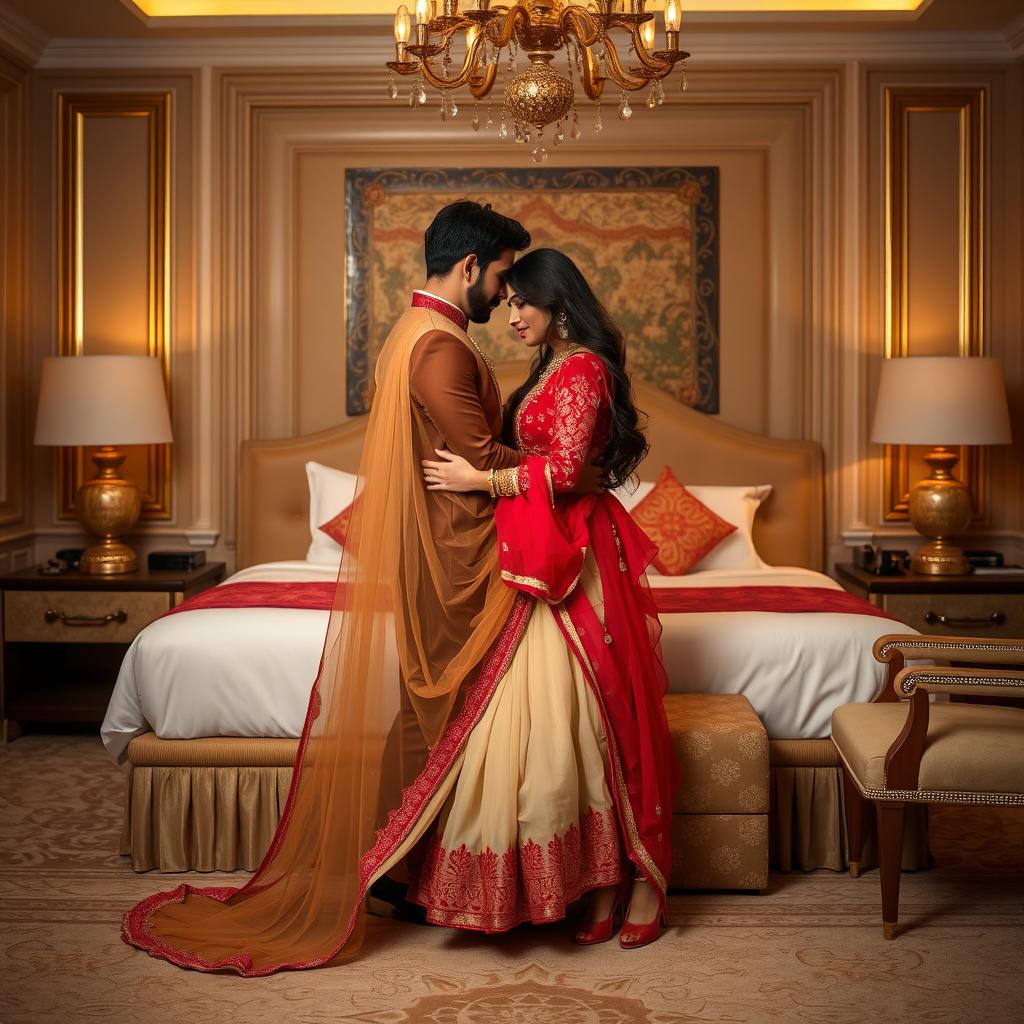 An intimate and glamorous scene in a luxurious hotel room, featuring a model in a muga, cream, and red colored chadar, red mekhela blouse and high heels