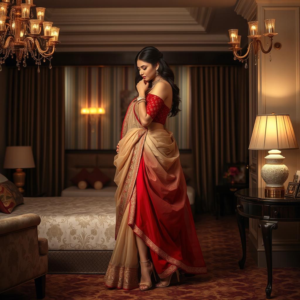 An intimate and glamorous scene in a luxurious hotel room, featuring a model in a muga, cream, and red colored chadar, red mekhela blouse and high heels