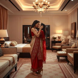 An intimate and glamorous scene in a luxurious hotel room, featuring a model in a muga, cream, and red colored chadar, red mekhela blouse and high heels