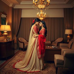 An intimate and glamorous scene in a luxurious hotel room, featuring a model in a muga, cream, and red colored chadar, red mekhela blouse and high heels