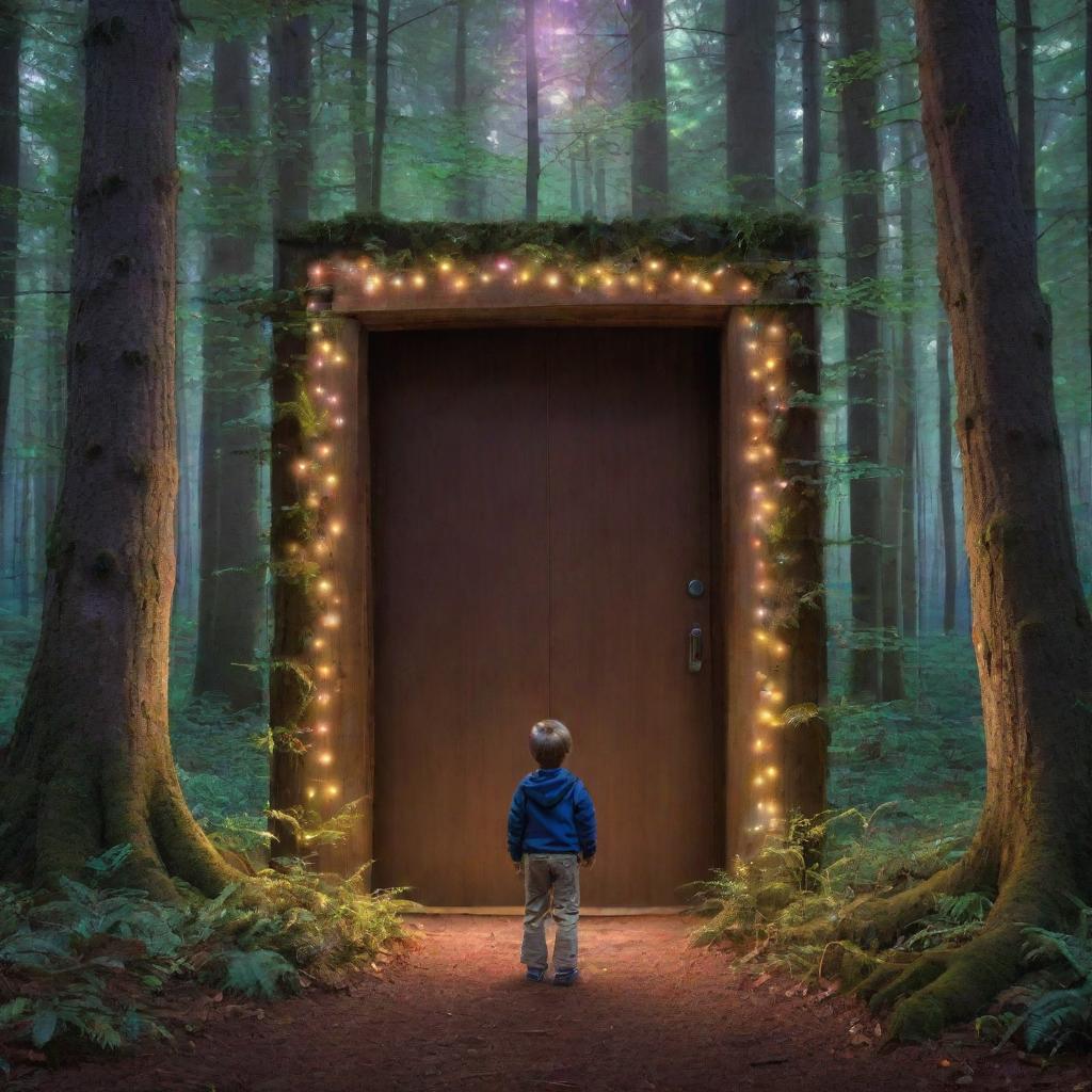 Ethan discovering a magical door in the heart of a luminescent forest. The door is radiating enchantment amidst glowing, multicolored lights.